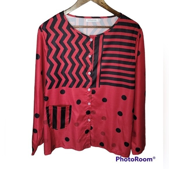 Miss Look Stunning Red with Black Geometric Design Button up Long Sleeve Blouse - Picture 1 of 13